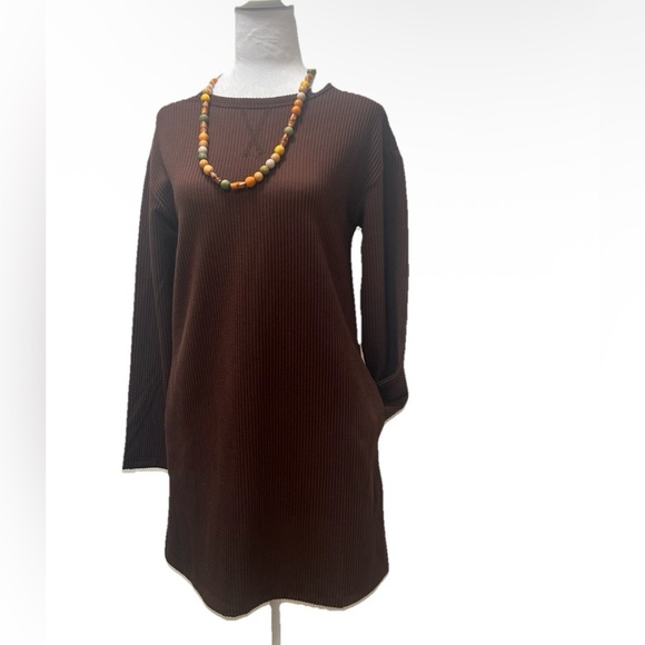 Lucy Rib Knit Shift Mini Dress Brown S - Picture 5 of 9
